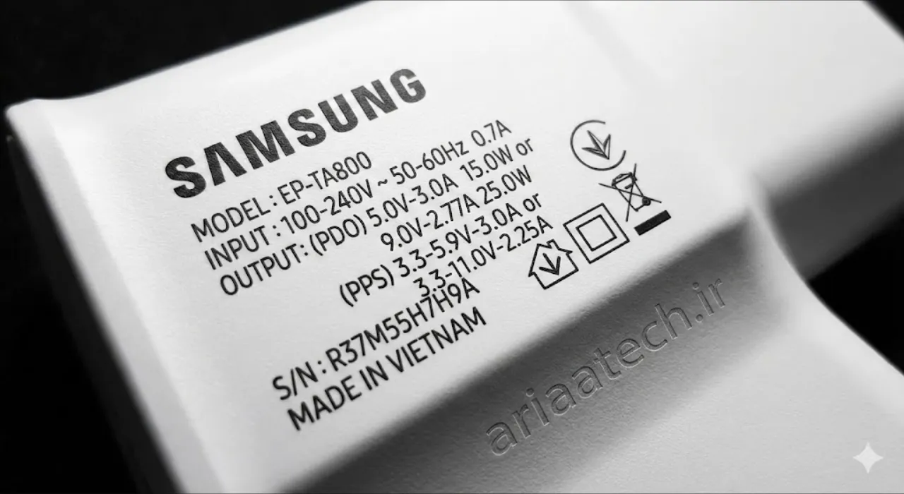 مقایسه نوشته های حک شده روی آداپتور اصلی و تقلبی سامسونگ از نمای نزدیک